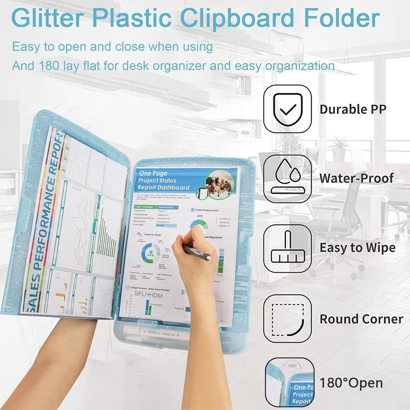 SFLHHDM Glitter Clipboard with Storage,Storage Clipboard with Pen Holder,A4 Binder Clip Boards 8.5x11 with Low Profile Clip,Side Opening Sparkle Clipboards, Clipboards Folder for Office Supplies-Aqua Blue - Image 5